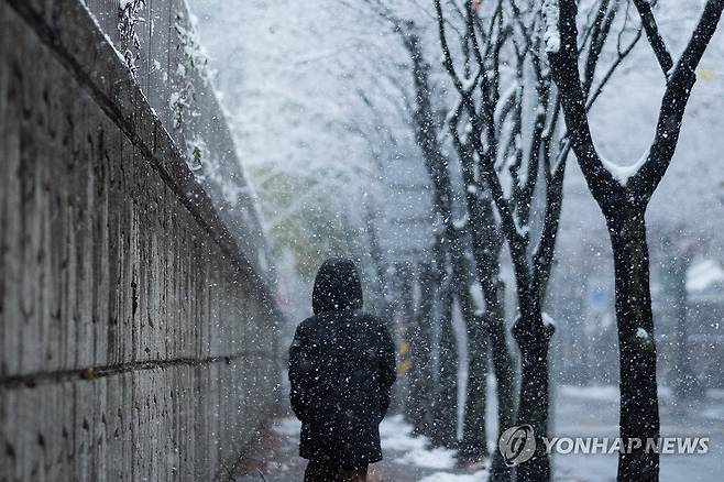 첫 눈을 맞으며 (서울=연합뉴스) 류효림 기자 = 서울 등 중부 지역에 많은 눈이 내리는 27일 오후 서울 마포구 거리에서 한 시민이 눈을 맞으며 걸어가고 있다. 2024.11.27 ryousanta@yna.co.kr