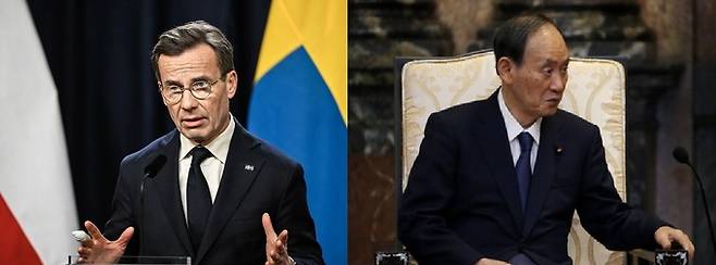 울프 크리스테르손 스웨덴 총리(좌)와 스가 요시히데 전 일본 총리(우). 연합뉴스