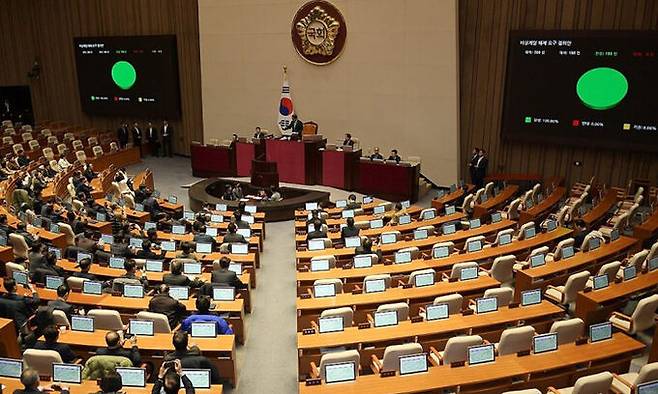 윤석열 대통령이 3일 밤 긴급성명을 통해 비상계엄을 선포한 가운데 4일 새벽 서울 여의도 국회 본회의에서 여야 의원들이 비상계엄 해제 요구 결의안을 재석 190인, 찬성 190인으로 가결하고 있다. 연합뉴스