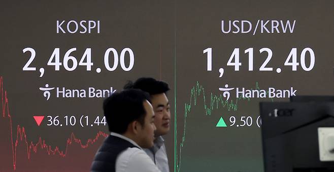 비상계엄 사태로 인한 정치적 불확실성에 코스피가 하락한 4일 서울 중구 딜링룸에서 딜러들이 업무를 보고 있다. 뉴시스