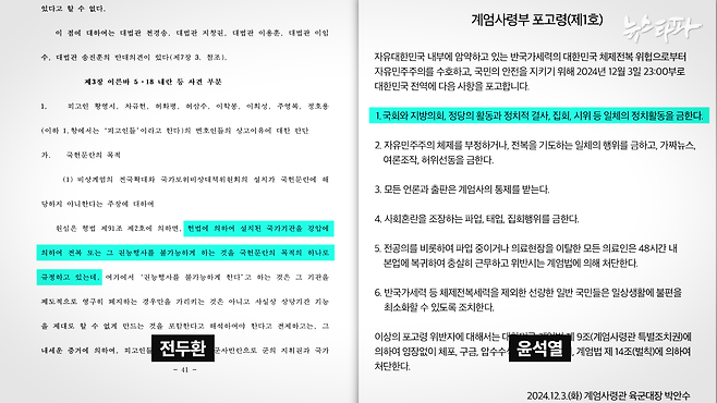 ▲‘12·3 비상계엄’을 통해 윤석열 대통령은 헌법기관인 국회의 권능행사를 불가능하게 하려 했다. 전두환에게 적용된 형법상 ‘국헌문란의 목적’, 그러니까, 헌법에 의하여 설치된 국가기관을 강압에 의하여 그 권능행사를 불가능하게 하는 것과같다.