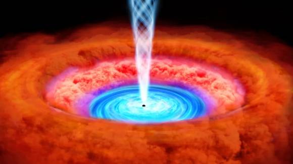 제트를 내뿜는 블랙홀 상상도. 초질량 블랙홀에 의해 구동되는 은하의 중심 활동 영역. 사진=출처: JAXA