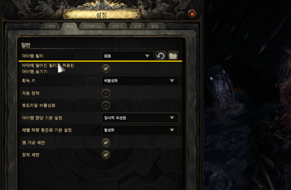 - 설정 > 게임 > 일반 > 아이템 필터