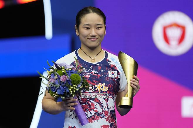지난달 열린 2024 중국 마스터스(슈퍼 750) 여자단식 우승을 차지한 안세영. 사진=AP 연합뉴스