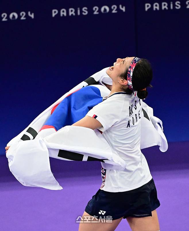 배드민턴 국가대표 안세영이 금메달을 확정한 뒤 세리머니를 하고 있다. 사진 | 박진업 기자 upandup@sportsseoul.com