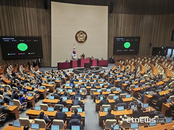 윤석열 대통령이 지난 3일 비상계엄령을 선포한 직후 4일 새벽 서울 여의도 국회 본회의장에서 비상계엄 해제 요구 결의안 표결이 이뤄지고 있다. 안건은 재석의원 190명 전원 찬성으로 가결됐다. [사진= 최기창 기자]