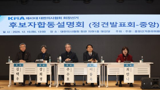 10일 오후 서울 용산구 대한의사협회(의협)에서 제43대 의협 회장선거 후보자합동설명회(정견발표회)가 진행되고 있다. 왼쪽부터 김택우·강희경·주수호·이동욱·최안나 후보. 연합뉴스