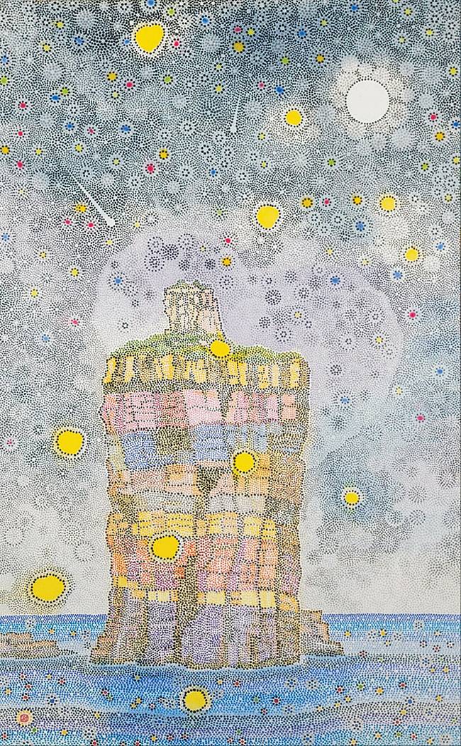 박재만 ‘장군바위의 사랑’, 117×73㎝ , 한지에 타점묘채색, 2024.