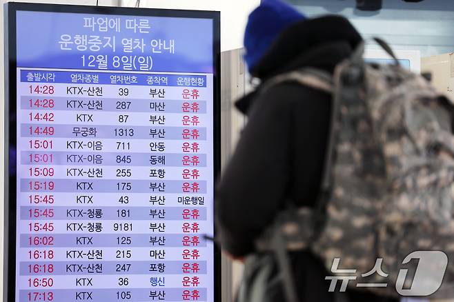 전국철도노동조합(철도노조) 총파업이 나흘째 이어지고 있는 8일 오후 서울역전광판에 '파업에 따른 운행중지 열차 안내문'이 나타나고 있다. 2024.12.8/뉴스1 ⓒ News1 황기선 기자