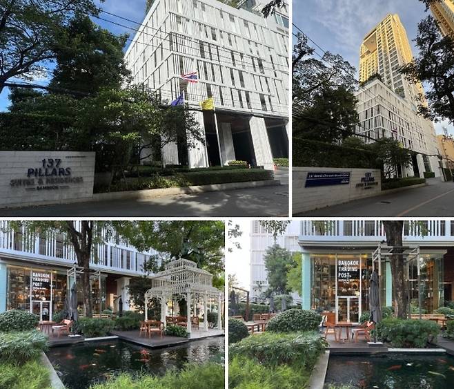 137 필라스 스위트&레지던스 건물 외관과 1층에 위치한 레스토랑 / 사진=홍지연 여행+ 기자