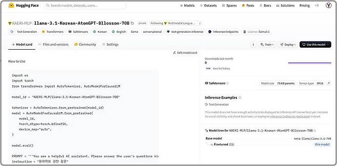 [대전=뉴시스] Huggingface에 공개된 AtomicGPT.(사진=원자력연구원 제공) *재판매 및 DB 금지