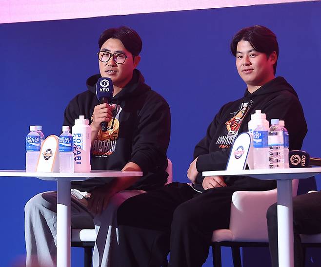 지난 3월 22일 서울 중구 롯데호텔에서 열린 2024 KBO 미디어데이&팬페스트에 참가한 한화 채은성이 취재진 질문에 답하고 있다.   연합뉴스