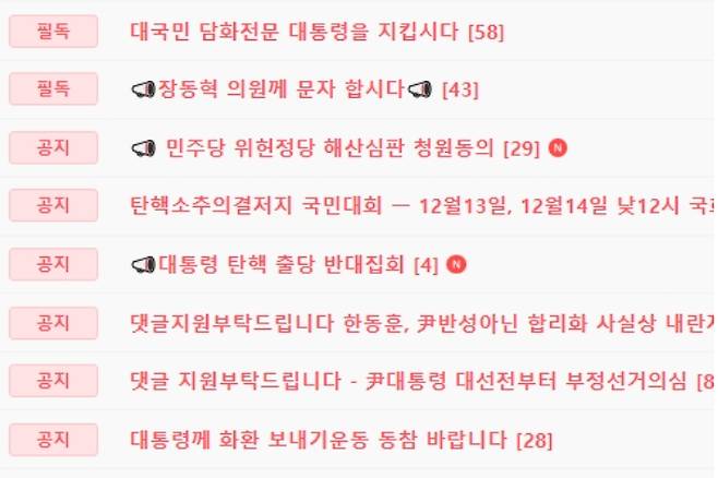 김건희 여사 공식 팬카페에서 대통령 지지를 독려하는 글들이 다수 게시되고 있다. 김건희 여사 공식 팬카페 캡처