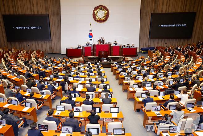 우원식 국회의장이 14일 오후 서울 여의도 국회에서 열린 제419회국회(임시회) 제4차 본회의에서 윤석열 대통령 탄핵소추안 가결을 알리고 있다. 2024.12.14/뉴스1 ⓒ News1 안은나 기자