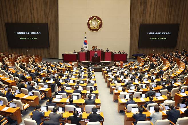 박찬대 더불어민주당 원내대표가 14일 서울 여의도 국회에서 윤석열 대통령 탄핵소추안을 안건으로 열린 제419회 국회(임시회) 제4차 본회의에서 제안설명을 하고 있다. (사진=뉴시스).