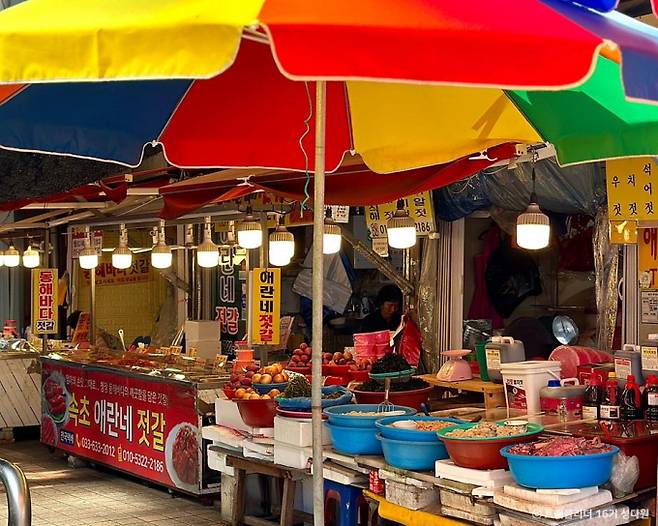 속초관광수산시장은 수산물 외에도 호떡, 인절미, 닭강정 등 맛있는 먹거리가 가득하다. /사진=한국관광공사