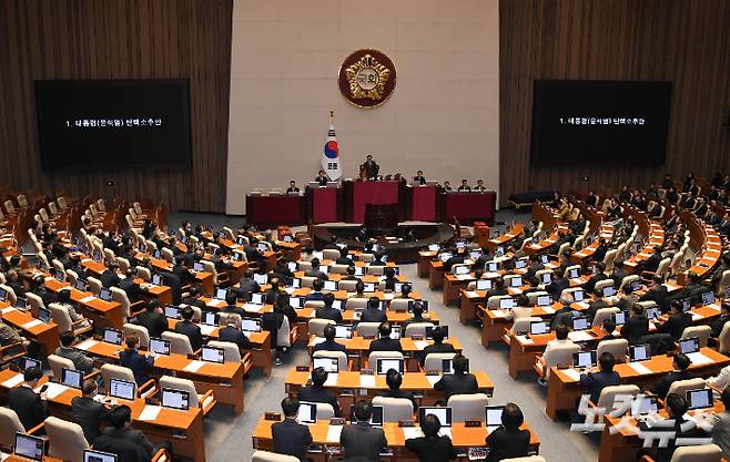 우원식 국회의장이 14일 오후 제419회 국회(임시회) 제4차 본회의에서 대통령(윤석열) 탄핵소추안을 상정하고 있다. 황진환 기자