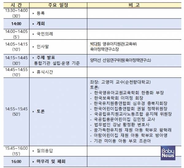 '영유아 교육·보육 통합기관의 설립·운영기준(안) 의견 수렴을 위한 공청회' 세부 일정. ⓒ교육부