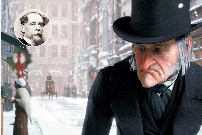 영화 ‘크리스마스 캐럴’에서의 스크루지 모습과 원작자인 찰스 디킨스(원 안).   자료사진