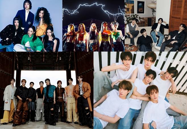 뉴진스, 르세라핌, 데이식스, TWS, NCT127(왼쪽 위부터 시계 방향) /사진=어도어, 쏘스뮤직, JYP엔터테인먼트, 플레디스엔터테인먼트, SM엔터테인먼트