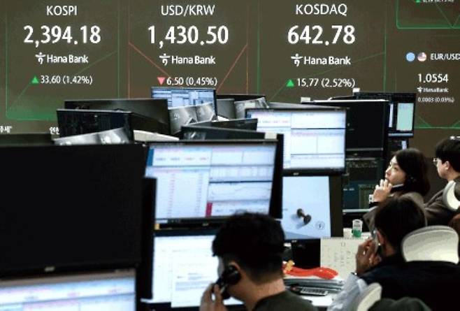 원-달러 환율은 미국 트럼프 2기 정부 출범 등의 영향이 미리 반영되어 적정 수준보다 높은 상태라고 외환 트레이더들은 평가한다. 사진은 지난 12월 10일 서울 중구 하나은행 딜링룸. /뉴시스