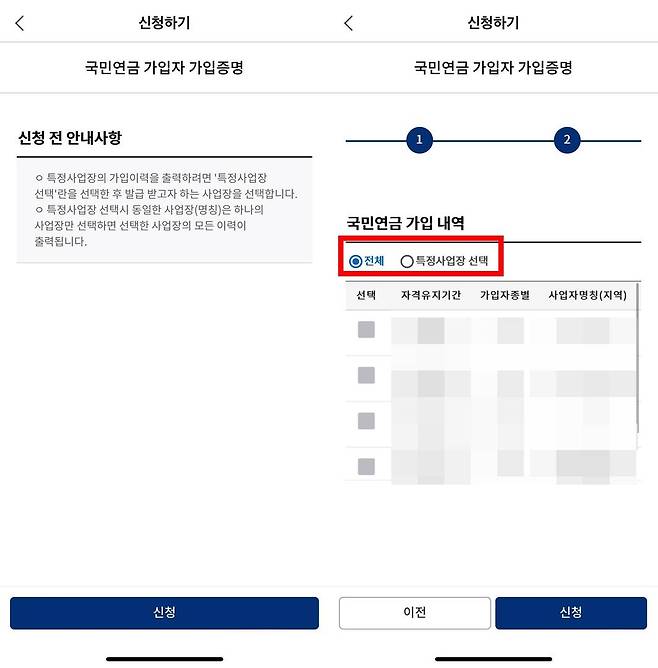 국민연금 가입 내역은 전체 또는 특정 사업장으로 선택해 신청할 수 있다 / 출처=IT동아