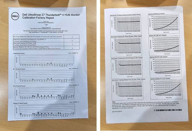 화면의 색감을 제품 생산단계에서 점검 및 교정했음을 증명하는 ‘팩토리 캘리브레이션’ 보고서 / 출처=IT동아