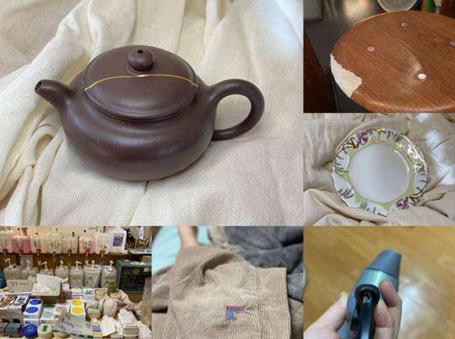 최연우씨가 일상에서 수선해 온 여러 물건들입니다. 깨진 그릇이나 파손된 의자는 '긴츠기' 기법으로 수선하고, 해진 니트나 바지는 바느질로 귀여운 자수를 놓아서 고쳐 입는 것이죠. 사진 맨 왼쪽 아래는 '리필 스테이션' 모습입니다. 리필 스테이션은 일회용품 사용을 줄이기 위해, 다회용기에 대용량 리필형 제품을 소분해 담아가는 곳이에요. 오른쪽 아래 사진은 16년 넘게 사용한 드라이기를 '수리상점 곰손' 원데이 클래스를 들은 후 절연 테이프로 고친 모습입니다. 연우씨는 '수리 일기'를 인스타그램 @the_moment_of_recover에도 올리고 있습니다. 최연우씨 제공