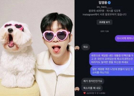 윤석열 대통령 탄핵소추안 표결이 진행되고 있던 지난 7일 임영웅이 올린 게시물(왼쪽)과 네티즌과 주고받은 DM. 사진 온라인 커뮤니티 캡처