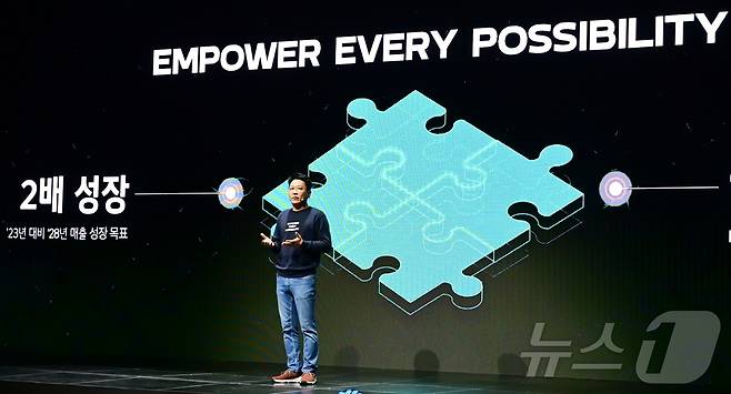 김동명 LG에너지솔루션 대표이사 사장이 7일 서울 마곡 LG사이언스파크에서 열린 LG에너지솔루션 첫 비전공유회에서 비전 및 중장기 전략을 발표하고 있다. (LG에너지솔루션 제공) 2024.10.7/뉴스1 ⓒ News1 최동현 기자