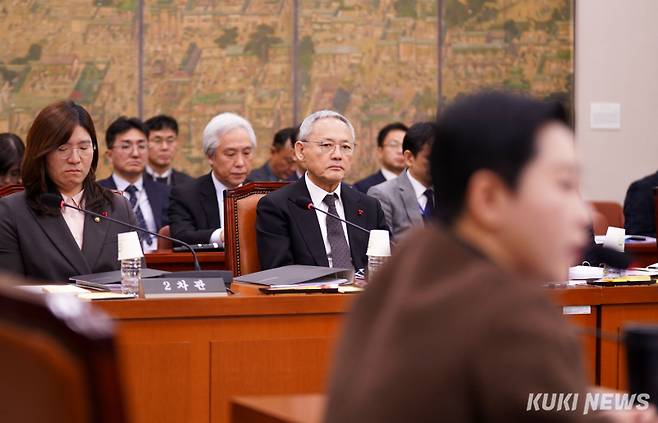 20일 서울 영등포구 여의도 국회에서 열린 문화체육관광위원회 전체회의에 장미란(왼쪽) 제2차관과 유인촌 장관이 참석해 있다.