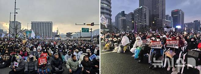 [서울=뉴시스]21일 오후 광화문 일대에서 보수-진보단체의 윤석열 대통령 탄핵 반대, 촉구 집회가 동시에 진행됐다. 2024.12.21. photo@newsis.com