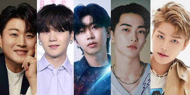 (왼쪽부터)김호중, 슈가, 임영웅, 승한, 태일. 각 소속사 제공