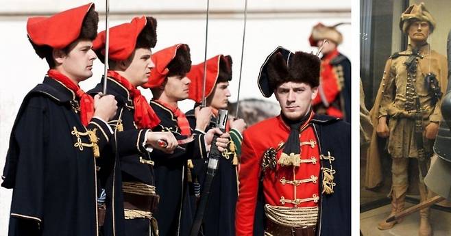 [좌] 크로아티아 기병대의 현재 모습 [우] 1630년경 검은 넥타이를 매고 있는 크로아티아 기수 / 사진출처. 위키피디아