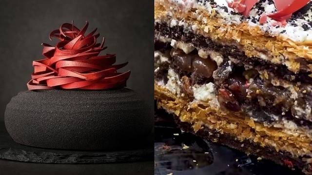 40만원 초고가 케이크인 ‘더 테이스트 오브 럭셔리’(왼쪽)와 단면을 자른 모습. 신라호텔·흑백리뷰 유튜브 영상 캡처