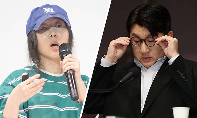 어도어 경영권 탈취 의혹으로 시작된 방시혁 하이브 의장(오른쪽 사진)과 민희진 어도어 대표(왼쪽 사진)의 분쟁이 최근 격화되고 있다. ⓒ시사저널 이종현·연합뉴스