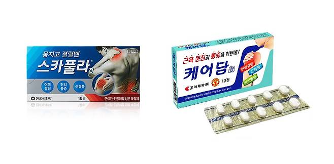 클로르족사존·에텐자미드·카페인수화물 3제 복합제 '스카풀라'와 '케어담'/사진=동아제약, 조아제약 제공