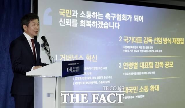 '축구, 그 이상의 가치를 만들어 가겠다'며 12가지 구체적 실천방안을 제시하고 있는 정몽규 대한축구협회장./뉴시스