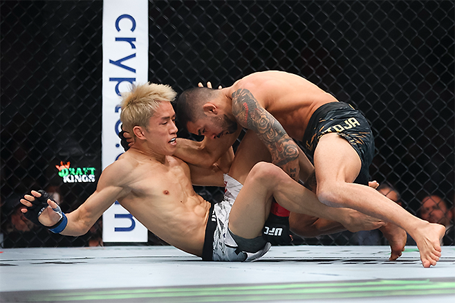 도전자 아사쿠라 가이(왼쪽)가 제7대 UFC 플라이급 챔피언 알레샨드리 판토자에 의해 넘어지고 있다. 사진=AP=연합뉴스 제공