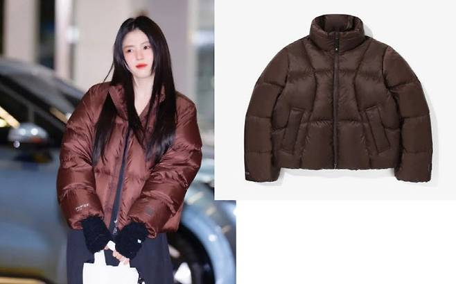 배우 한소희(왼쪽)가 앰배서더로 있는 휠라의 ‘여성 플로우 다운’을 입은 모습. (사진=온라인 커뮤니티·휠라코리아)