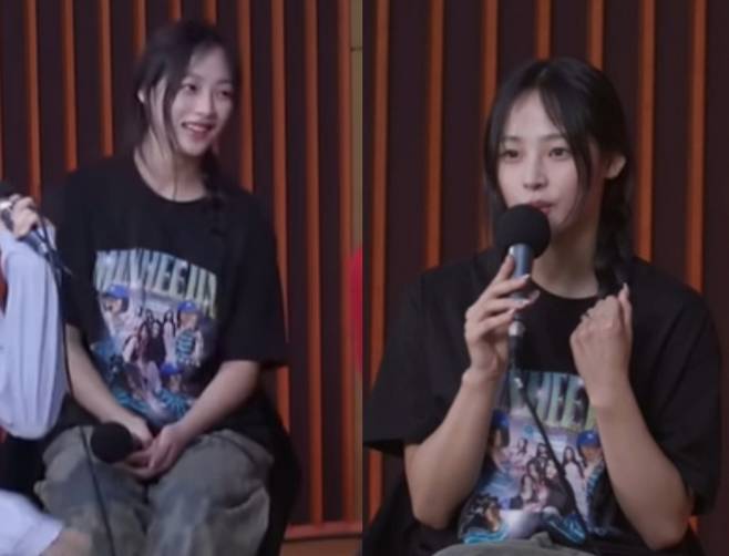 그룹 뉴진스 민지가 '민희진'이라고 프린트된 티셔츠를 입고 라디오 방송에 출연했다. /사진=CBS '김현정의 뉴스쇼' 캡처