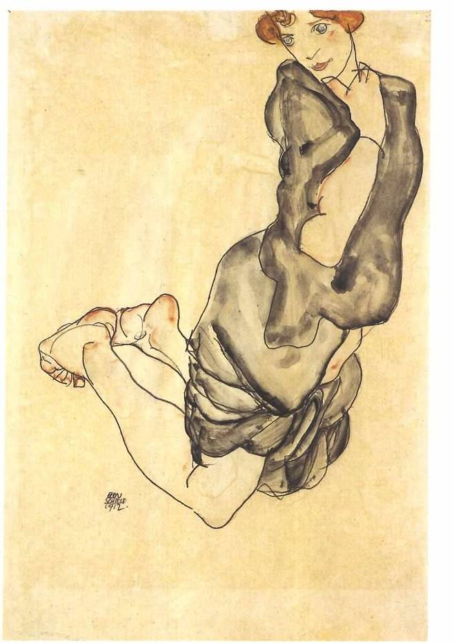 에곤 실레, 회색 드레스 차림으로 무릎 꿇은 발리, 1912