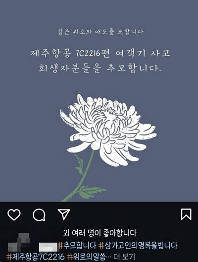 29일 온라인 커뮤니티·SNS에 올라온 무안 제주항공 참사 관련 추모 글. 사진 인스타그램 캡처