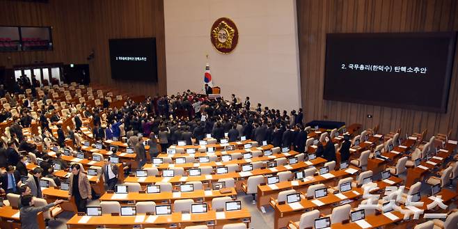 지난 27일 서울 여의도 국회에서 열린 제420회국회(임시회) 제2차 본회의에서 우원식 국회의장이 국무총리(한덕수) 탄핵소추안 가결 의결정족수에 대한 설명(재적의원 과반수 찬성)을 하자 국민의힘 의원들이 의장석 주변으로 모여들며 항의를 하는 모습. 윤창원 기자
