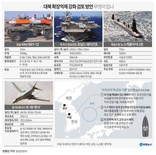 [그래픽] 대북 확장억제 강화 검토 방안 무엇이 있나  (서울=연합뉴스) 반종빈 기자 = 북한 핵·미사일 위협 고도화에 맞춰 미국의 확장억제를 넘어서는 '핵 공유' 논의가 이어지고 있다.
    미국이 북대서양조약기구(NATO·나토) 동맹국들에 전술핵무기를 배치한 형태의 '나토식 핵 공유'를 필두로 미 전략자산 상시 내지 순환 배치 등 다양한 방안이 검토된다.
    bjbin@yna.co.kr
    페이스북 tuney.kr/LeYN1 트위터 @yonhap_graphics
