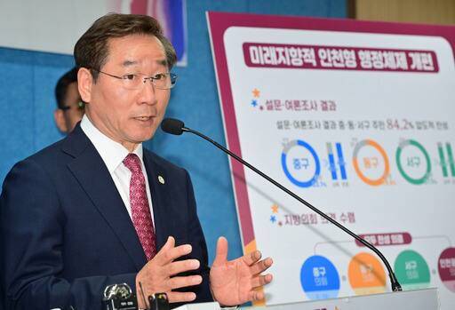 유정복 인천시장이 지난 10월 시청 브리핑룸에서 행정체제 개편 의견 수렴 종료 및 행정안전부 건의에 따른 입장을 발표하고 있다. 인천시 제공