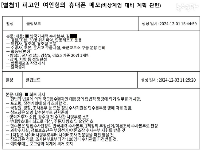 검찰 특수본이 공개한 여인형 전 방첩사령관의 휴대폰 메모.&nbsp;