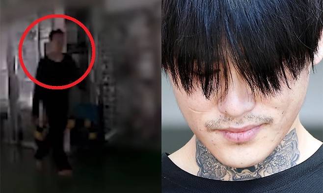 지난 3월25일 경기 화성시 봉담읍 와우리 소재 한 오피스텔에서 범행 후 맨발로 걸어나오는 김레아. 오른쪽은 박대성이 10월4일 전남 순천경찰서에서 검찰로 송치되고 있다. SBS 보도화면 갈무리·연합뉴스