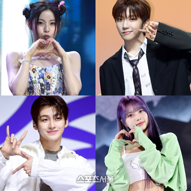 엔믹스 규진(왼쪽 위부터 시계방향), 보이넥스트도어 운학, 르세라핌 홍은채, 투어스 지훈. 사진 | 스포츠서울 DB