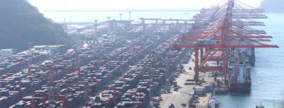 지난해 12월31일 오전 부산항 신선대부두. 수출품을 실은 컨테이너들이 쌓여 있다. 연합뉴스